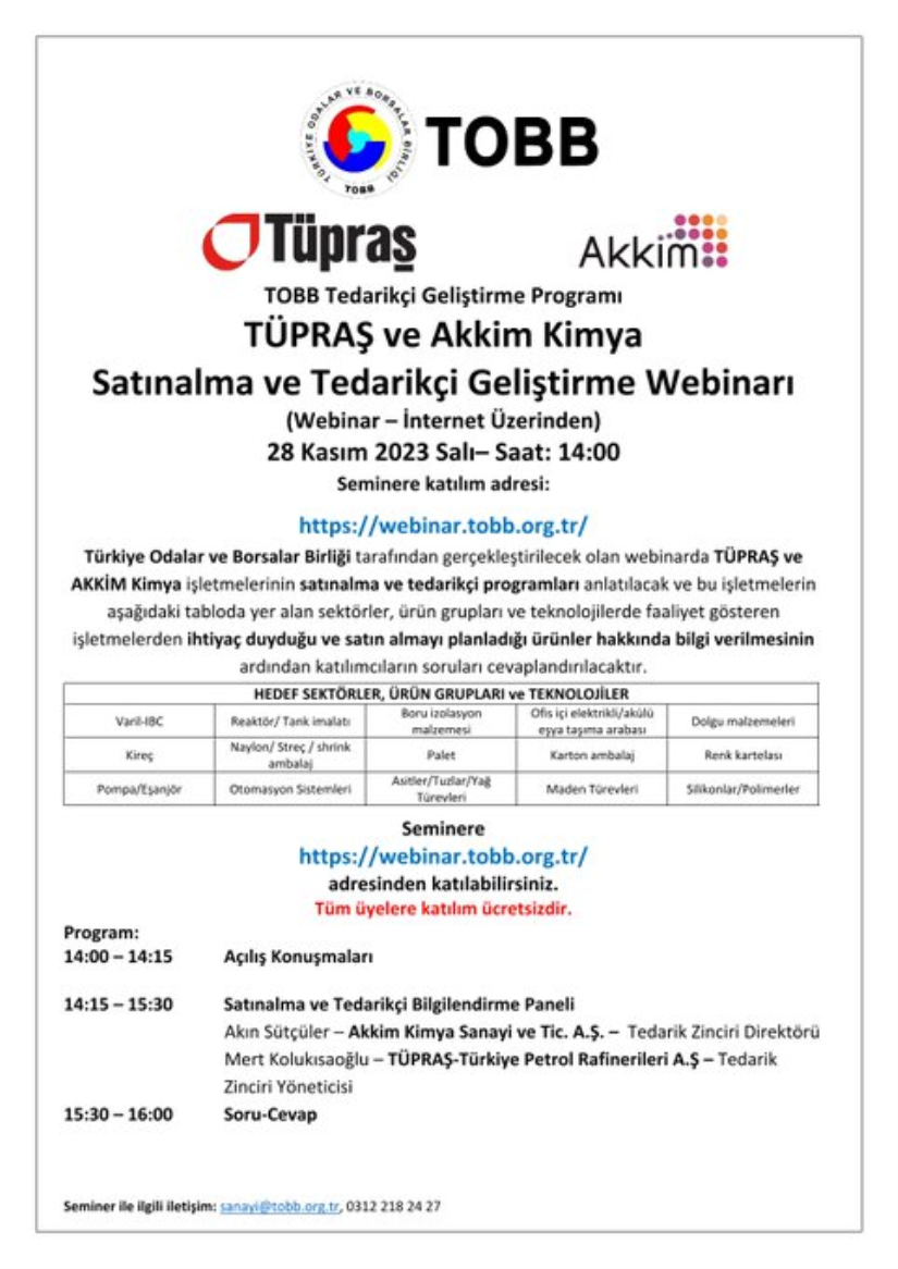 Satınalma ve Tedarikçi Geliştirme Webinarı | 28 Kasım 2023